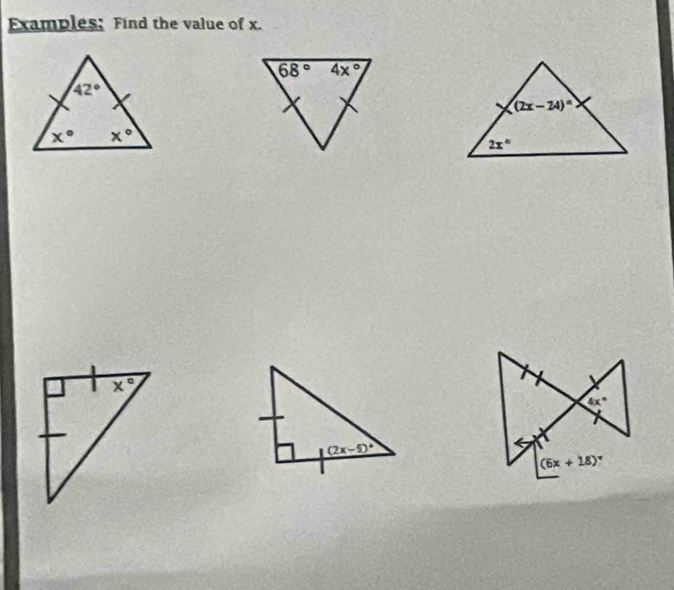 Examples; Find the value of x.
4x°
(6x+18)^circ 