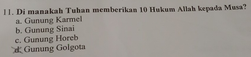 Di manakah Tuhan memberikan 10 Hukum Allah kepada Musa?
a. Gunung Karmel
b. Gunung Sinai
c. Gunung Horeb
d Gunung Golgota