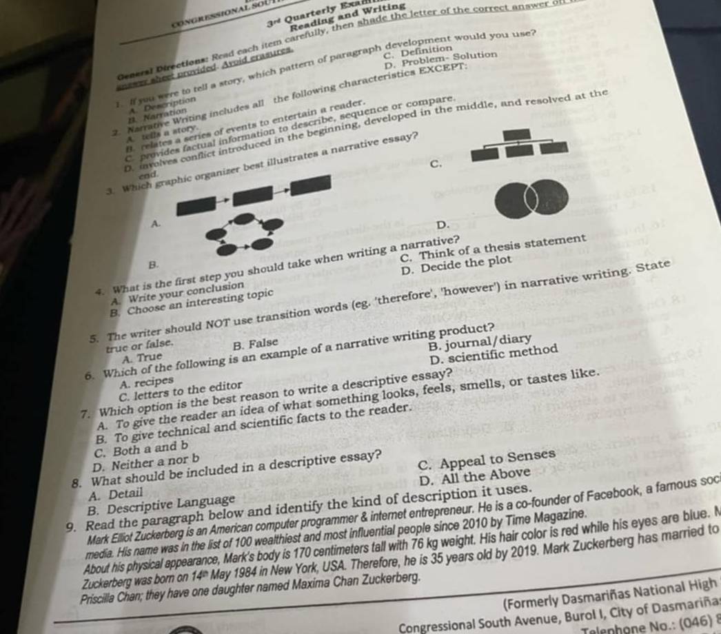 3^(rd) Quarterly Exad
Reading and Writing
Genersl Directions: Read each item carefully, then shade the letter of the correct answer on
C. Definition
If you were to tell a story, which pattern of paragraph development would you use
answer sheet provided. Avoid crasures.
2. Narrative Writing includes all the following characteristics EXCEPT D. Problem- Solution
A. Description
B. Narration
B. relates a series of events to entertain a reader.
Co provides factual information to describe, sequence or compare
D. mnvolves conflict introduced in the beginning, developed in the middle, and resolved at the
A. tells a story.
C.
3. Which graphic organizer best illustrates a narrative essay?
end.
A.
D.
B.
4. What is the first step you should take when writing a narrative? C. Think of a thesis statement
D. Decide the plot
A. Write your conclusion
5. The writer should NOT use transition words (eg. 'therefore', 'however') in narrative writing. State
B. Choose an interesting topic
true or false. B. False
6. Which of the following is an example of a narrative writing product?
A. True
D. scientific method
A. recipes B. journal/diary
C. letters to the editor
7. Which option is the best reason to write a descriptive essay?
A. To give the reader an idea of what something looks, feels, smells, or tastes like.
B. To give technical and scientific facts to the reader.
C. Both a and b
8. What should be included in a descriptive essay? D. Neither a nor b
C. Appeal to Senses
B. Descriptive Language D. All the Above
A. Detail
9. Read the paragraph below and identify the kind of description it uses.
Mark Elliot Zuckerberg is an American computer programmer & internet entrepreneur. He is a co-founder of Facebook, a famnous soc
media. His name was in the list of 100 wealthiest and most influential people since 2010 by Time Magazine.
About his physical appearance, Mark's body is 170 centimeters tall with 76 kg weight. His hair color is red while his eyes are blue. N
Zuckerberg was born on 14° May 1984 in New York, USA. Therefore, he is 35 years old by 2019. Mark Zuckerberg has married to
Priscilla Chan; they have one daughter named Maxima Chan Zuckerberg.
(Formerly Dasmariñas National High
Congressional South Avenue, Burol I, City of Dasmariña
Telenhone No.: (046) 8