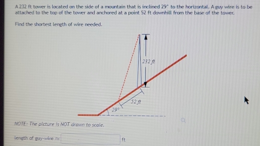 A 232 ft tower is located on the side of a mountain that is inclined 29° to the horizontal. A guy wire is to be
attached to the top of the tower and anchored at a point 52 ft downhill from the base of the tower.
Find the shortest length of wire needed.
NOTE: The picture is NOT drawn to scale.
length of guy-wire ≈ □ f