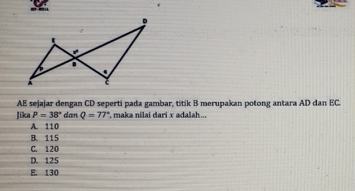 EEPVEDIA
AE sejajar dengan CD seperti pada gambar, titik B merupakan potong antara AD dan EC.
Jika P=38° dan Q=77° , maka nilai dari x adalah...
A. 110
B. 115
C. 120
D. 125
E. 130