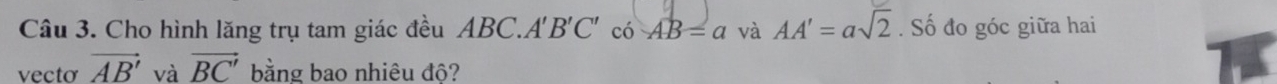 Cho hình lăng trụ tam giác đều ABC. A'B'C' có AB=a và AA'=asqrt(2). Số đo góc giữa hai 
vecto vector AB' và vector BC' bằng bao nhiêu độ?