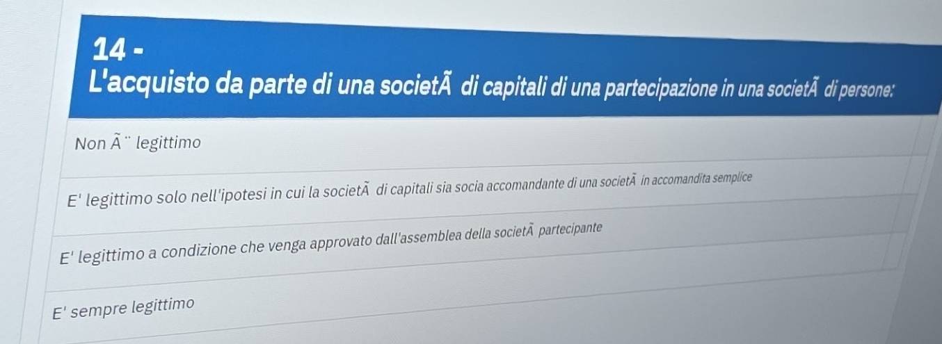 L'acquisto da parte di una societÃ di capitali di una partecipazione in una societÃ di persone:
Non overline A'' legittimo
E' legittimo solo nell'ipotesi in cui la socie twidehat A di capitali sia socia accomandante di una societã in accomandita semplice
E' legittimo a condizione che venga approvato dall'assemblea della societã partecipante
E' sempre legittimo