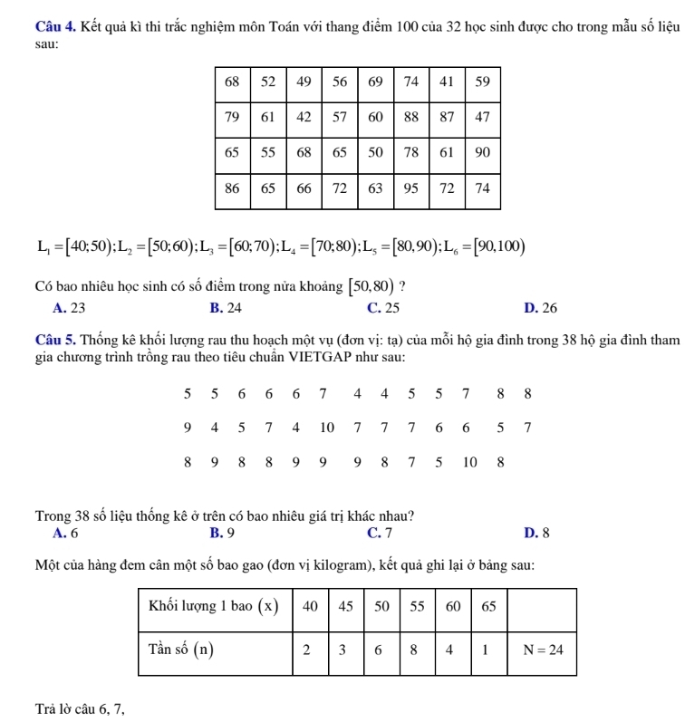 Kết quả kì thi trắc nghiệm môn Toán với thang điểm 100 của 32 học sinh được cho trong mẫu số liệu
sau:
L_1=[40;50);L_2=[50;60);L_3=[60;70);L_4=[70;80);L_5=[80,90);L_6=[90,100)
Có bao nhiêu học sinh có số điểm trong nửa khoảng [50,80) ?
A. 23 B. 24 C. 25 D. 26
Câu 5. Thống kê khối lượng rau thu hoạch một vụ (đơn vị: tạ) của mỗi hộ gia đình trong 38 hộ gia đình tham
gia chương trình trồng rau theo tiêu chuẩn VIETGAP như sau:
Trong 38 số liệu thống kê ở trên có bao nhiêu giá trị khác nhau?
A. 6 B. 9 C. 7 D. 8
Một của hàng đem cân một số bao gao (đơn vị kilogram), kết quả ghi lại ở bảng sau:
Trả lờ câu 6, 7,