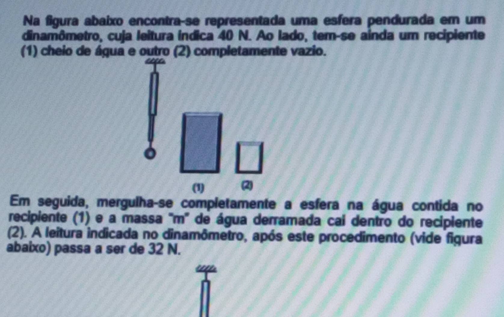 Na figura abaixo encontraçse representada uma esfera pendurada em um 
dinamômetro, cuja leitura índica 40 N. Ao lado, tem-se ainda um recipiente 
(1) cheio de água e outro (2) completamente vazio. 
(1) (2) 
Em seguida, mergulha-se completamente a esfera na água contida no 
recipiente (1) e a massa 'm' de água derramada cai dentro do recipiente 
(2). A leitura indicada no dinamômetro, após este procedimento (vide figura 
abaixo) passa a ser de 32 N.