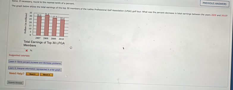 Solve. If necessary, round to the nearest tenth of a percent. 
PREVIOUS ANSWERS 
The graph below shows the total earnings of the top 30 members of the Ladies Prefessional Golf Association (LPGA) golf tour. What was the percent decrease in total earnings between the years 2009 and 2010?
x %
Suggested tutorials: 
Leam it: Solve percent increase and decrease problems. 
Lear it: Interpret information represented in a bar graph 
Need Help? Read N Wätch I 
Submit Ans wer