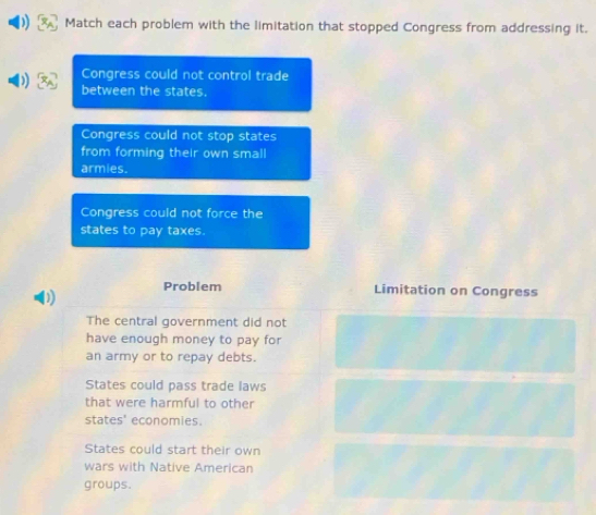 Match each problem with the limitation that stopped Congress from addressing it.
Congress could not control trade
between the states.
Congress could not stop states
from forming their own small
armies.
Congress could not force the
states to pay taxes.
Problem Limitation on Congress
0
The central government did not
have enough money to pay for
an army or to repay debts.
States could pass trade laws
that were harmful to other
states' economies.
States could start their own
wars with Native American
groups.