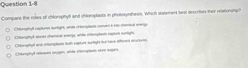 Compare the roles of chlorophyll and chloroplasts in photosynthesis. Which statement best describes their relationship?
Chlorophyll captures sunlight, while chloroplasts convert it into chemical energy.
Chlorophyll stores chemical energy, while chloroplasts capture sunlight.
Chlorophyll and chloroplasts both capture sunlight but have different structures.
Chlorophyll releases cxygen, while chloroplasts store sugars.