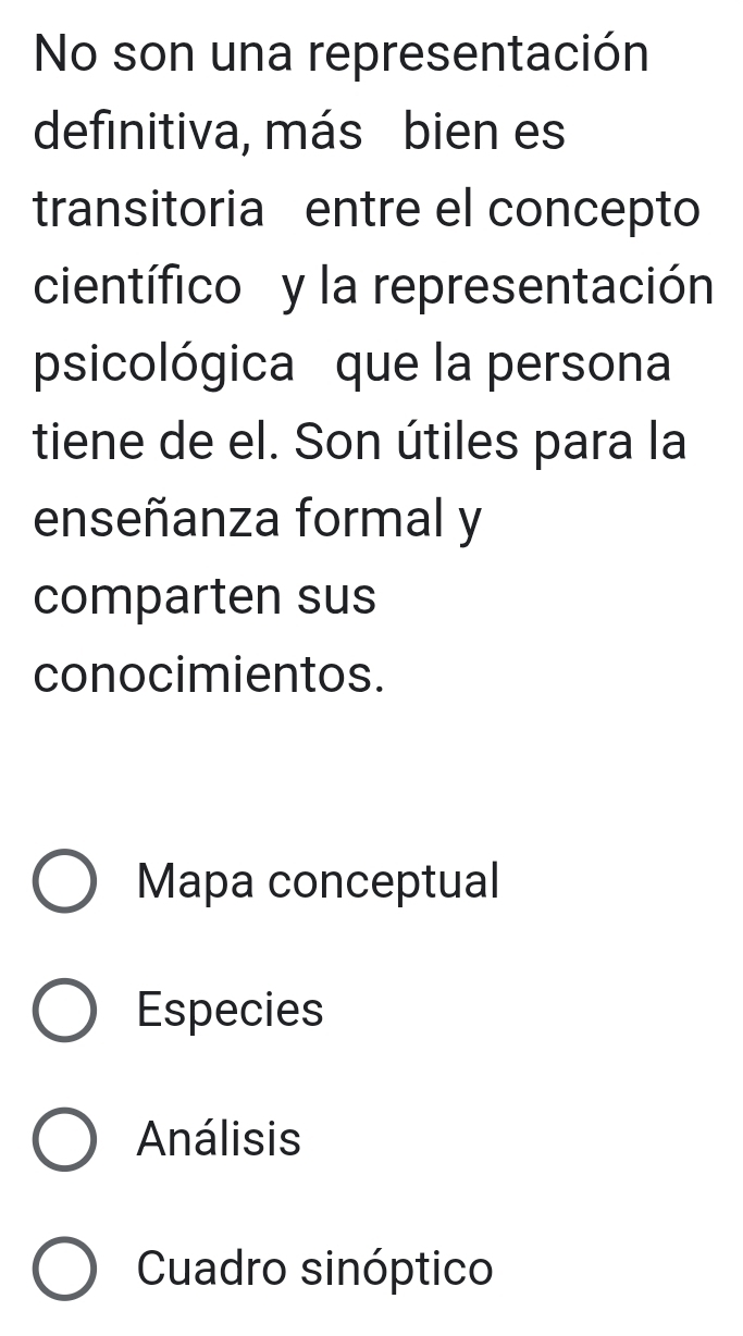 No son una representación
definitiva, más bien es
transitoria entre el concepto
científico y la representación
psicológica que la persona
tiene de el. Son útiles para la
enseñanza formal y
comparten sus
conocimientos.
Mapa conceptual
Especies
Análisis
Cuadro sinóptico