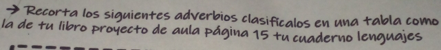 Recorta los siguientes adverbios clasificalos en una tabla como 
la de tu libro proyecto de aula página 15 tu cuaderno lenguajes