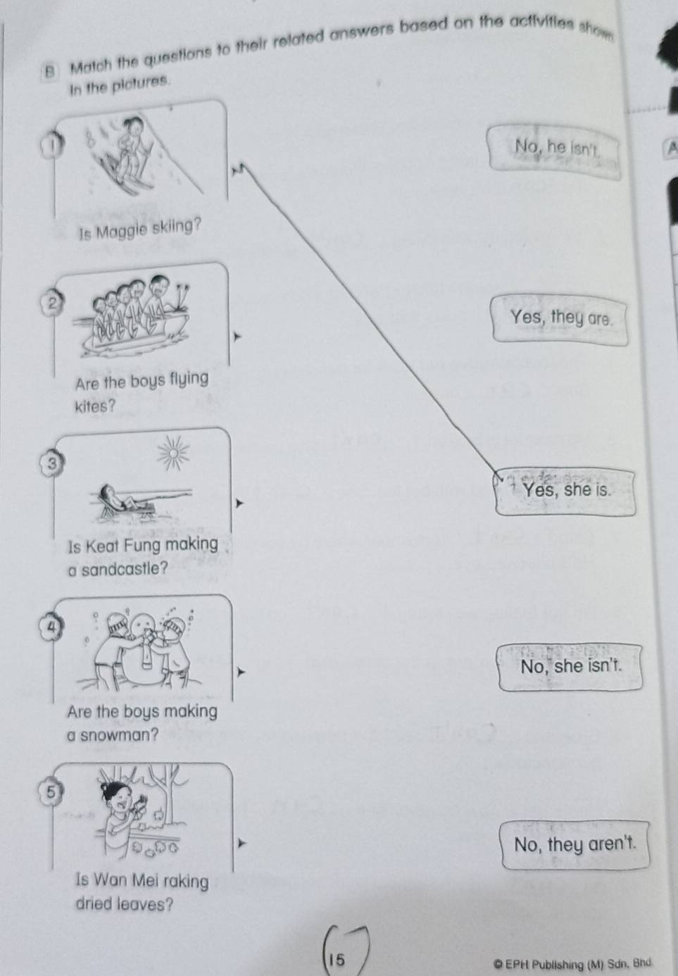 Match the questions to their related answers based on the activities show
In the pictures.
No, he isn't. a
Is Maggi
2
Yes, they are.
Are the boys flying
kites?
3
Yes, she is.
Is Keat Fung making
a sandcastle?
4
No, she isn't.
Are the boys making
a snowman?
5
No, they aren't.
Is Wan Mei raking
dried leaves?
15
© EPH Publishing (M) Sdn. Bhd