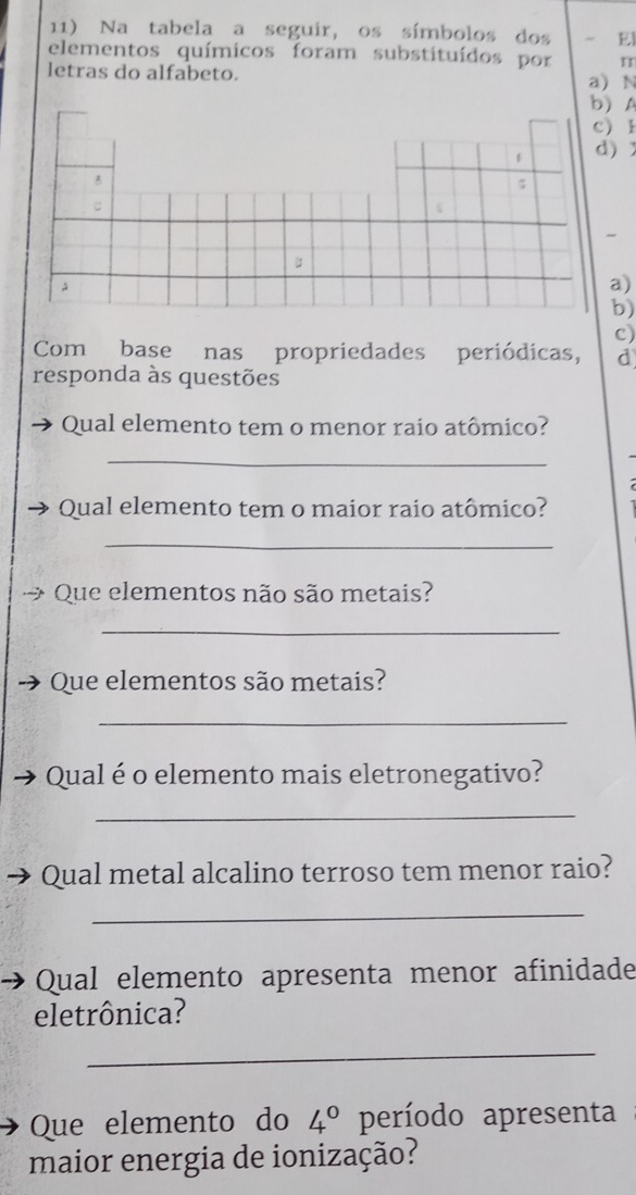 Na tabela a seguir, os símbolos dos El 
elementos químicos foram substituídos por 
letras do alfabeto. a) N 
A 
l 

) 
) 
c) 
Com base nas propriedades periódicas, d 
responda às questões 
Qual elemento tem o menor raio atômico? 
_ 
Qual elemento tem o maior raio atômico? 
_ 
Que elementos não são metais? 
_ 
Que elementos são metais? 
_ 
Qual é o elemento mais eletronegativo? 
_ 
Qual metal alcalino terroso tem menor raio? 
_ 
Qual elemento apresenta menor afinidade 
eletrônica? 
_ 
Que elemento do 4° período apresenta 
maior energia de ionização?