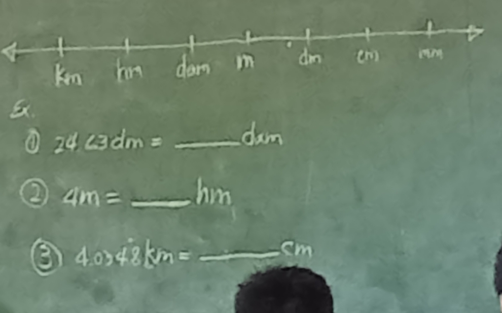 Ex 
① 24,23dm= _
dam
② 4m= _
hm
③ 4.0348km= _ 
sm