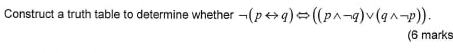 Construct a truth table to determine whether neg (prightarrow q)Longleftrightarrow ((pwedge neg q)vee (qwedge neg p)). 
(6 marks