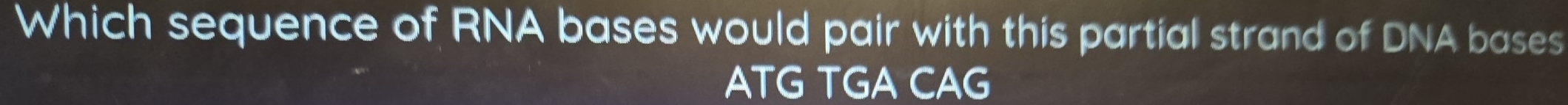 Which sequence of RNA bases would pair with this partial strand of DNA bases
ATG TGA CAG