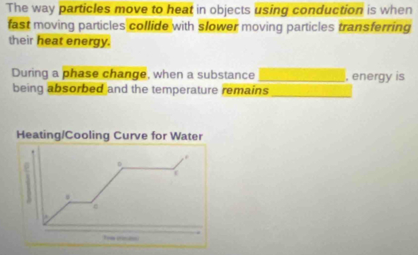 The way particles move to heat in objects using conduction is when 
fast moving particles collide with slower moving particles transferring 
their heat energy. 
During a phase change, when a substance _, energy is 
being absorbed and the temperature remains_ 
Heating/Cooling Curve for Water 
。 
A 
Towm crinctes