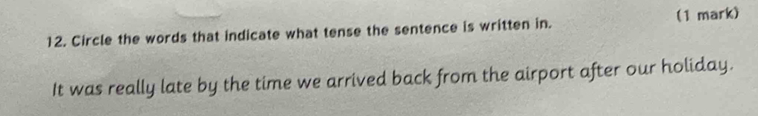 Circle the words that indicate what tense the sentence is written in. 
It was really late by the time we arrived back from the airport after our holiday.