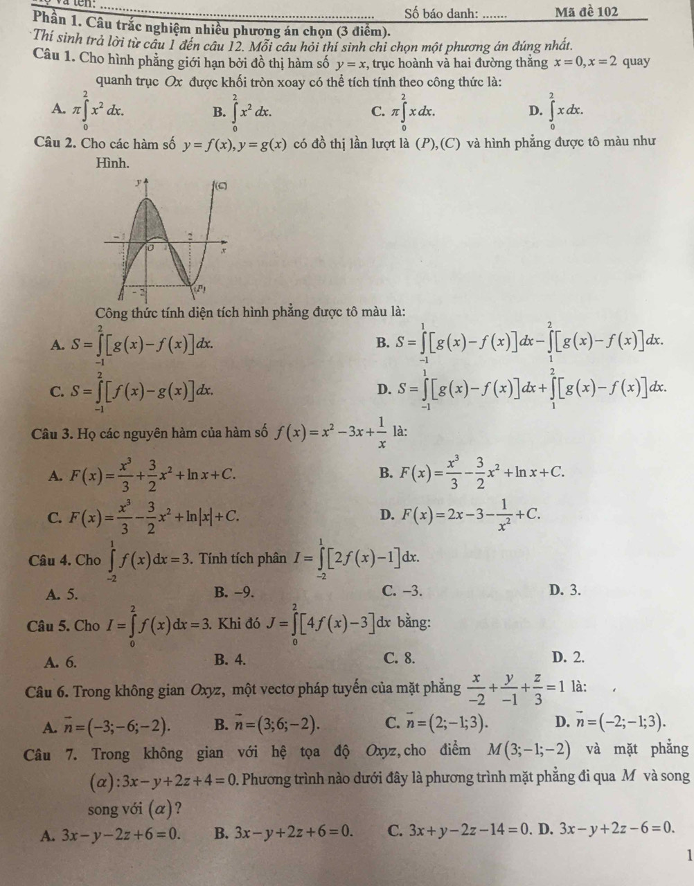 ten _
Số báo danh: _Mã đề 102
Phần 1. Câu trắc nghiệm nhiều phương án chọn (3 điểm).
Thí sinh trả lời từ cầu 1 đến câu 12. Mỗi câu hỏi thí sinh chỉ chọn một phương án đúng nhất.
Câu 1. Cho hình phẳng giới hạn bởi đồ thị hàm số y=x , trục hoành và hai đường thăng x=0,x=2 quay
quanh trục Ox được khối tròn xoay có thể tích tính theo công thức là:
A. π ∈tlimits _0^(2x^2)dx. ∈tlimits _0^(2x^2)dx. π ∈tlimits _0^(2xdx. ∈tlimits _0^2xdx.
B.
C.
D.
Câu 2. Cho các hàm số y=f(x),y=g(x) có đồ thị lần lượt là (P),(C) và hình phẳng được tô màu như
Hình.
Công thức tính diện tích hình phẳng được tô màu là:
A. S=∈tlimits _(-1)^2[g(x)-f(x)]dx. S=∈tlimits _(-1)^1[g(x)-f(x)]dx-∈tlimits _1^2[g(x)-f(x)]dx.
B.
C. S=∈tlimits _(-1)^2[f(x)-g(x)]dx. S=∈tlimits _(-1)^1[g(x)-f(x)]dx+∈tlimits _1^2[g(x)-f(x)]dx.
D.
Câu 3. Họ các nguyên hàm của hàm số f(x)=x^2)-3x+ 1/x  là:
A. F(x)= x^3/3 + 3/2 x^2+ln x+C. B. F(x)= x^3/3 - 3/2 x^2+ln x+C.
C. F(x)= x^3/3 - 3/2 x^2+ln |x|+C. D. F(x)=2x-3- 1/x^2 +C.
Câu 4. Cho ∈tlimits _(-2)^1f(x)dx=3.. Tính tích phân I=∈tlimits _2^(1[2f(x)-1]dx.
A. 5. B. -9. C. −3. D. 3.
Câu 5. Cho I=∈tlimits _0^2f(x)dx=3. Khi đó J=∈tlimits _0^2[4f(x)-3] dx bằng:
A. 6. B. 4. C. 8. D. 2.
Câu 6. Trong không gian Oxyz, một vectơ pháp tuyến của mặt phẳng frac x)-2+ y/-1 + z/3 =1 là:
A. vector n=(-3;-6;-2). B. vector n=(3;6;-2). C. vector n=(2;-1;3). D. vector n=(-2;-1;3).
Câu 7. Trong không gian với hệ tọa độ Oxyz,cho điểm M(3;-1;-2) và mặt phẳng
(α) :3x-y+2z+4=0. Phương trình nào dưới đây là phương trình mặt phẳng đi qua M và song
song với (α)?
A. 3x-y-2z+6=0. B. 3x-y+2z+6=0. C. 3x+y-2z-14=0. D. 3x-y+2z-6=0.
1