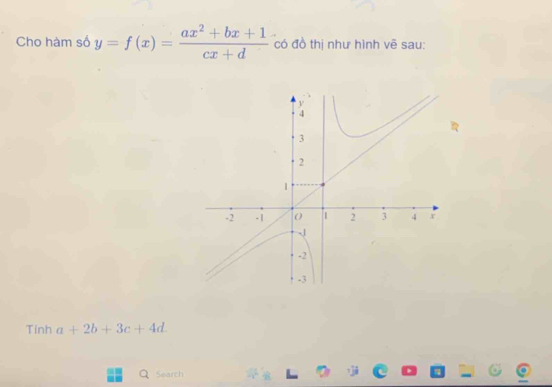 Cho hàm số y=f(x)= (ax^2+bx+1)/cx+d  có đồ thị như hình vẽ sau:
Tinh a+2b+3c+4d. 
O Search