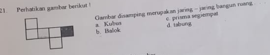 Perhatikan gambar berikut !
Gambar disamping merupakan jaring - jaring bangun ruang
a Kubus c. prisma segiempat
b. Balok d tabung