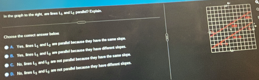 In the graph to the right, are lines L_1 and L_2 parallel? Explain.
C
Choose the correct answer below
A. Yes, lines L_1 and L_2 are parallel because they have the same slope.
B. Yes, lines L_1 and L_2 are parallel because they have different slopes.
C. No, lines L_1 and L_2 are not parallel because they have the same slope.
D. No, lines L_1 and L_2 are not parallel because they have different slopes.