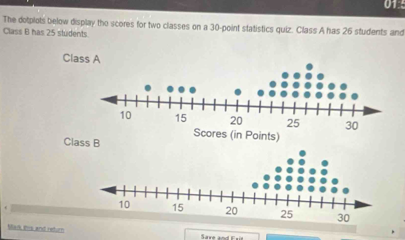 The dotplots below display the scores for two classes on a 30 -point statistics quiz. Class A has 26 students and 
Class B has 25 students. 
Cl 
Class B 
Mark this and return 
Save and Exit