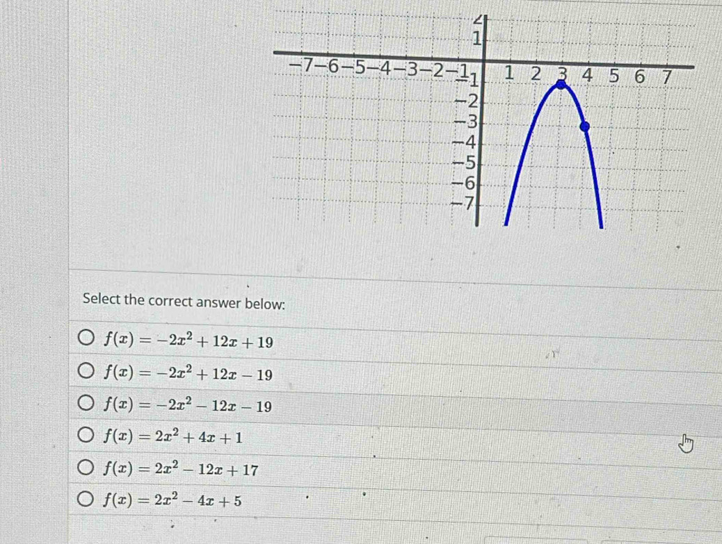 Select the correct answer below:
f(x)=-2x^2+12x+19
f(x)=-2x^2+12x-19
f(x)=-2x^2-12x-19
f(x)=2x^2+4x+1
f(x)=2x^2-12x+17
f(x)=2x^2-4x+5