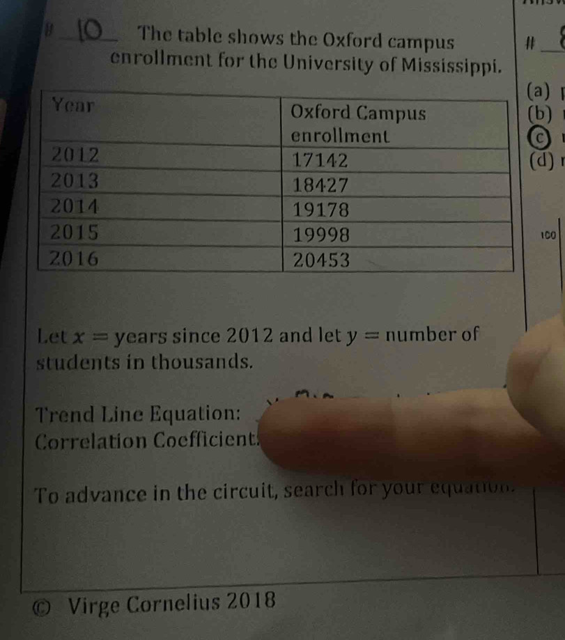 The table shows the Oxford campus #_ 
enrollment for the University of Mississippi. 

) 
O 
Let x= years since 2012 and let y= number of 
students in thousands. 
Trend Line Equation: 
Correlation Coefficient 
To advance in the circuit, search for your equation. 
Virge Cornelius 2018