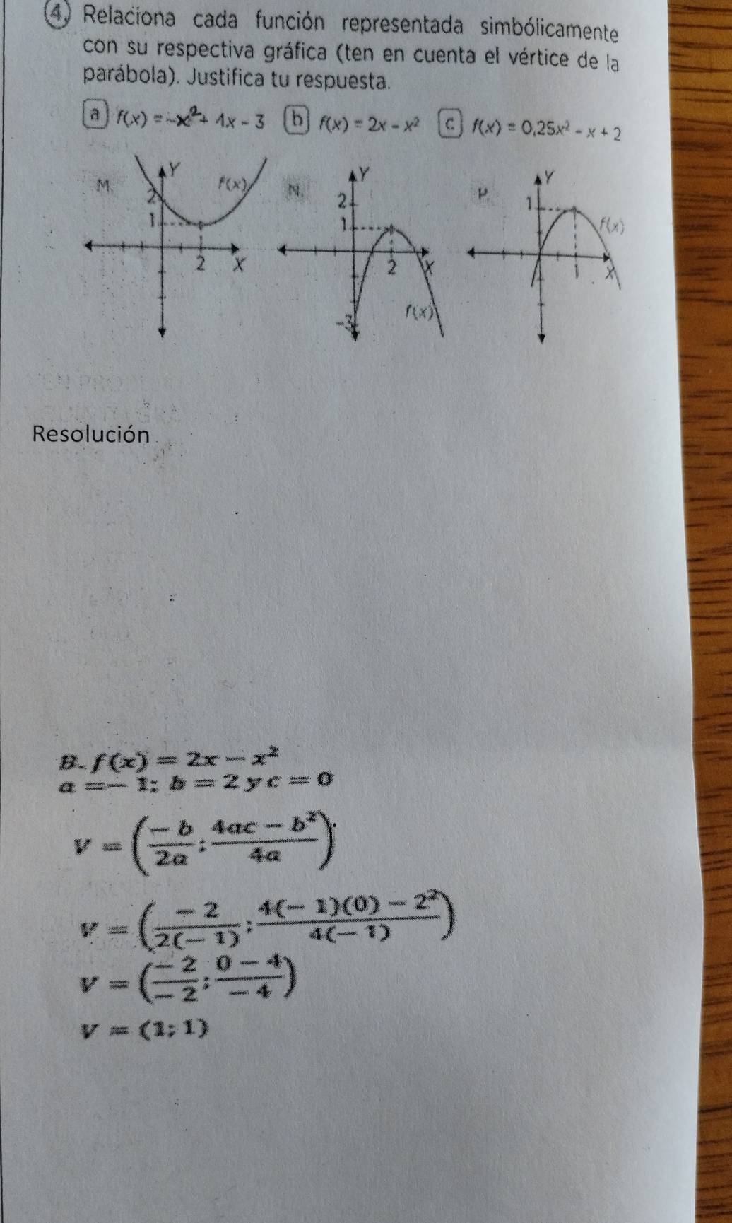 Relaciona cada función representada simbólicamente
con su respectiva gráfica (ten en cuenta el vértice de la
parábola). Justifica tu respuesta.
a f(x)=-x^2+4x-3 b f(x)=2x-x^2 C f(x)=0.25x^2-x+2

Resolución
B. f(x)=2x-x^2
a=-1;b=2 y c=0
v=( (-b)/2a : (4ac-b^2)/4a )
v=( (-2)/2(-1) ; (4(-1)(0)-2^2)/4(-1) )
V=( (-2)/-2 ; (0-4)/-4 )
V=(1;1)