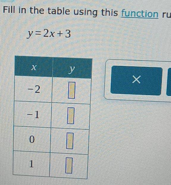 Fill in the table using this function ru
y=2x+3
×