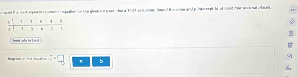 ompute the least-squares regression equation for the given data set. Use a TI-84 calculator. Round the slope and y-intercept to at least four decimal places. ∞ 
Send data to Excel 
Regression line equation: widehat y=□ × 5