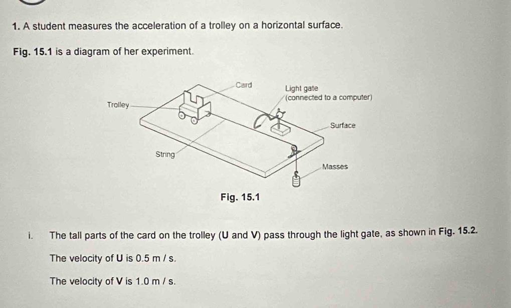 A student measures the acceleration of a trolley on a horizontal surface. 
Fig. 15.1 is a diagram of her experiment. 
i. The tall parts of the card on the trolley (U and V) pass through the light gate, as shown in Fig. 15.2. 
The velocity of U is 0.5 m / s. 
The velocity of V is 1.0 m / s.