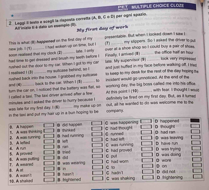 PET 
★ PRACTICE MULTIPLE CHOICE CLOZE 
2 Leggi il testo e scegli la risposta corretta (A, B, C o D) per ogni spazio. 
All'inizio ti è dato un esempio (0). 
My first day of work 
This is what (0) happened on the first day of my presentable. But when I looked down I saw I 
new job. I (1) ......... I had woken up on time, but I (7)_ my slippers. So I asked the driver to pull 
soon realised that my clock (2) .. late. I only over at a shoe shop so I could buy a pair of shoes. 
had time to get dressed and brush my teeth before I Finally, I arrived (8) ... the office half an hour 
rushed out the door to my car. When I got to my car late. My supervisor (9) ......... look very impressed 
I realised I (3) _my suitcase behind, so I and just huffed in my face before walking off. I tried 
rushed back into the house. I grabbed my suitcase to keep to my desk for the rest of the day hoping the 
and (4)_ . back to the car. When I (5) …… to incident would go unnoticed. At the end of the 
turn the car on, I noticed that the battery was flat, so working day, the big boss called me into his office. 
I called a taxi. The taxi driver arrived after a few At this point I (10) _. a with fear. I thought I would 
minutes and I asked the driver to hurry because I definitely be fired on my first day. But, as it turned 
was late for my first day. I (6) _my make up on out, all he wanted to do was welcome me to the 
put my hair up in a bun hoping to be company.