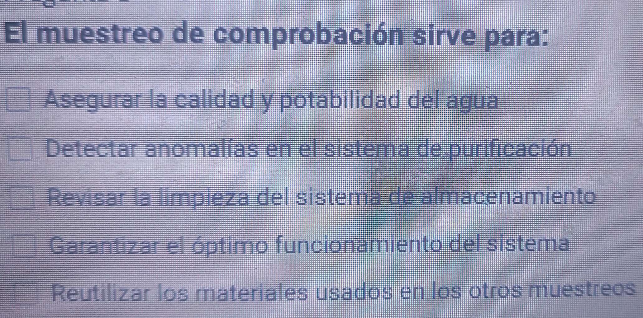 El muestreo de comprobación sirve para:
Asegurar la calidad y potabilidad del agua
Detectar anomalías en el sistema de purificación
Revisar la limpieza del sistema de almacenamiento
Garantizar el óptimo funcionamiento del sistema
Reutilizar los materiales usados en los otros muestreos