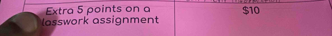 Extra 5 points on a $10
lasswork assignment