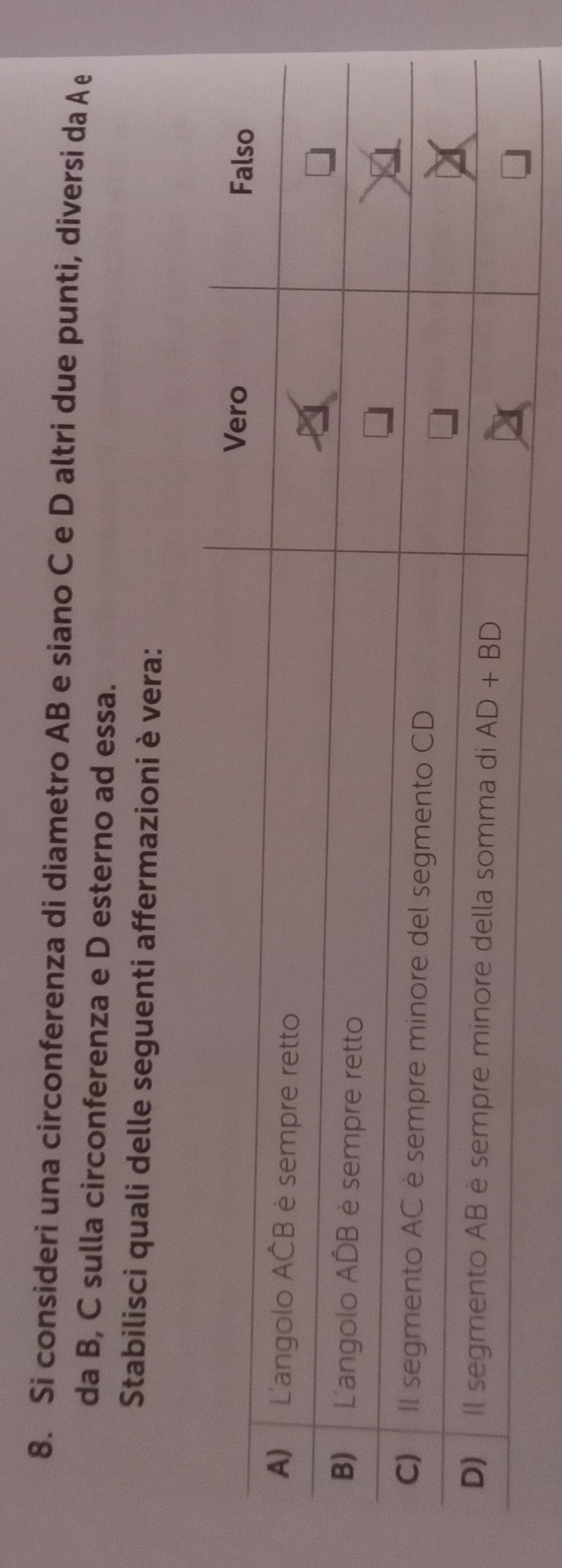 Si consideri una circonferenza di diametro AB e siano C e D altri due punti, diversi da Ae
da B, C sulla circonferenza e D esterno ad essa.
Stabilisci quali delle seguenti affermazioni è vera: