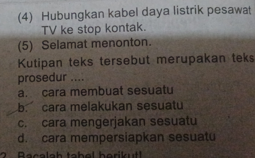 (4) Hubungkan kabel daya listrik pesawat
TV ke stop kontak.
(5) Selamat menonton.
Kutipan teks tersebut merupakan teks
prosedur ....
a. cara membuat sesuatu
b. cara melakukan sesuatu
c. cara mengerjakan sesuatu
d. cara mempersiapkan sesuatu
2 Bacalah tabel herikutl