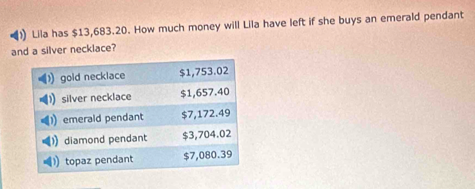 )) Lila has $13,683.20. How much money will Lila have left if she buys an emerald pendant 
and a silver necklace?