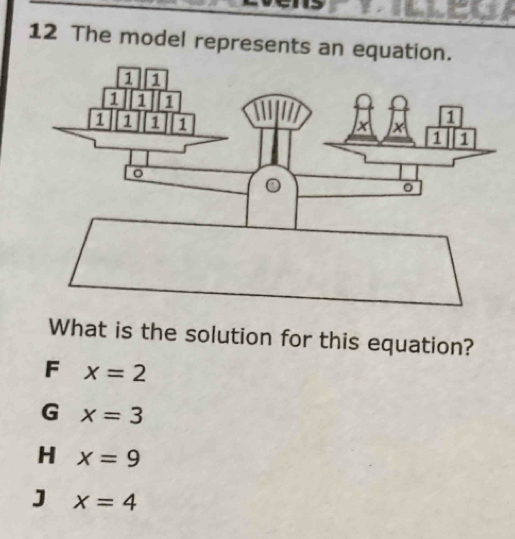 54 
12 The model represents an equatio
What is the solution for this equation?
F x=2
G x=3
H x=9
J x=4