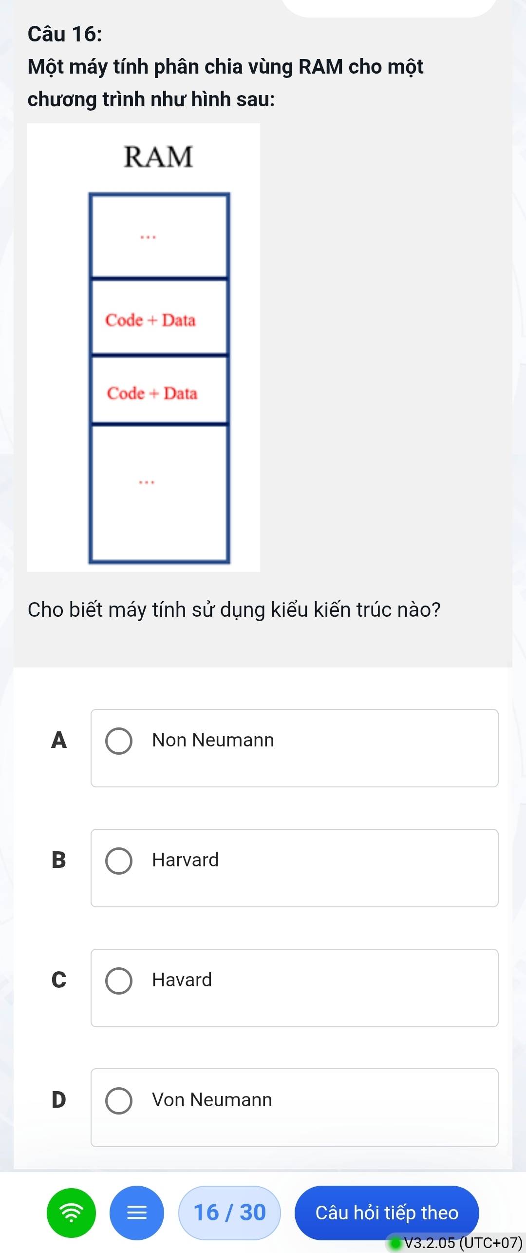 Một máy tính phân chia vùng RAM cho một
chương trình như hình sau:
Cho biết máy tính sử dụng kiểu kiến trúc nào?
A Non Neumann
B Harvard
C Havard
D Von Neumann
16 / 30 Câu hỏi tiếp theo
V3.2.05 (UTC+07)