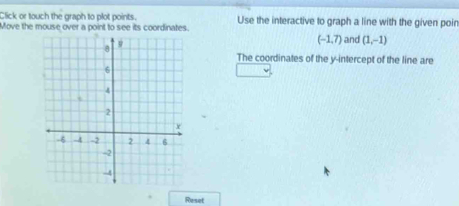 Click or touch the graph to plot points. Use the interactive to graph a line with the given poin 
Move the mouse over a point to see its coordinates.
(-1,7) and (1,-1)
The coordinates of the y-intercept of the line are 
Reset