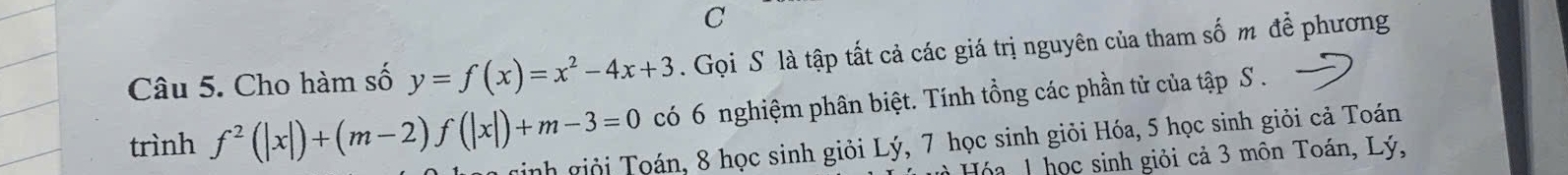 Cho hàm số y=f(x)=x^2-4x+3. Gọi S là tập tất cả các giá trị nguyên của tham số m để phương 
có 6 nghiệm phân biệt. Tính tổng các phần tử của tập S . 
trình f^2(|x|)+(m-2)f(|x|)+m-3=0 inh giỏi Toán, 8 học sinh giỏi Lý, 7 học sinh giỏi Hóa, 5 học sinh giỏi cả Toán 
Hóa 1 học sinh giỏi cả 3 môn Toán, Lý,