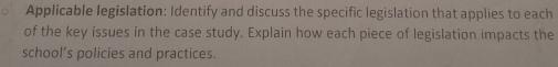 Applicable legislation: Identify and discuss the specific legislation that applies to each 
of the key issues in the case study. Explain how each piece of legislation impacts the 
school’s policies and practices.