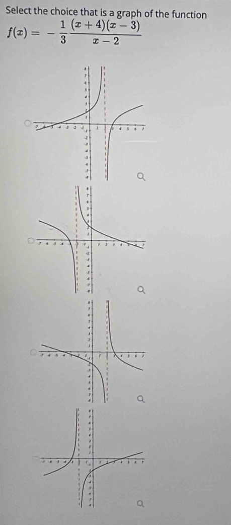 Select the choice that is a graph of the function
f(x)=- 1/3  ((x+4)(x-3))/x-2 