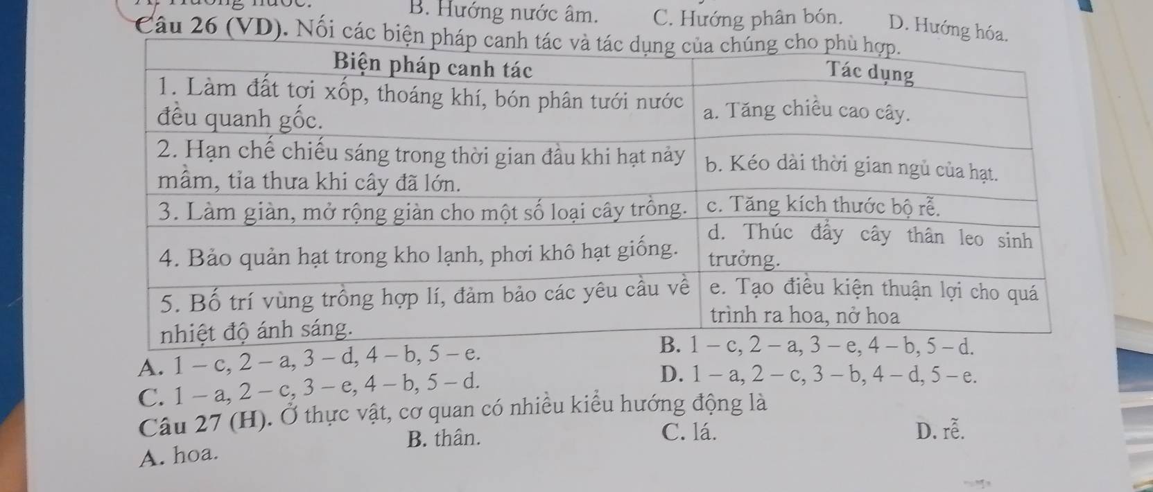 B. Hướng nước âm. C. Hướng phân bón. D. Hướng hóa.
Câu 26 (VD). Nối các biện
A. 1 - c, 2 - a, 3 - d, 4 - b, 5 - e.
C. 1 - a, 2 - c, 3-e, 4-b, 5-d.
D. 1 - a, 2 - c, 3 - b, 4 - d, 5 - e.
Câu 27 (H). Ở thực vật, cơ quan có nhiều kiểu hướng động là
B. thân. C. lá. D. rễ.
A. hoa.