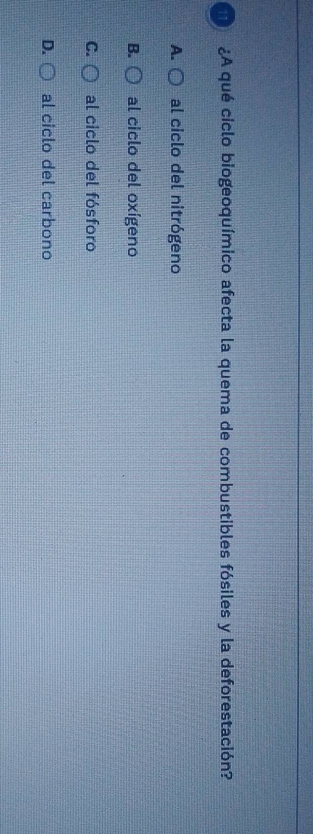 ¿A qué ciclo biogeoquímico afecta la quema de combustibles fósiles y la deforestación?
A al ciclo del nitrógeno
al ciclo del oxígeno
al ciclo del fósforo
al ciclo del carbono