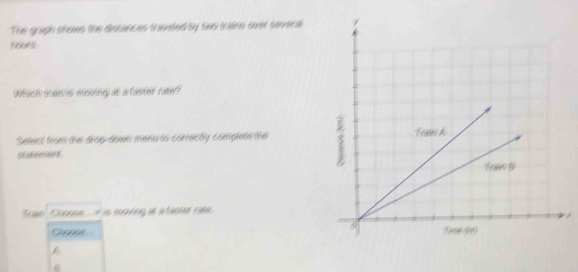 The gragh shows the distances traveted by two trains over several 
noors. 
Which train is moving at a faster rate? 
Setect from the drop-down menu ts correctly complete the 
stutemont 
Troin Choss..> is moving at a faster rake. 
Caposs == 
A