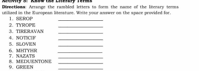 Aetivity 3: Knew the Literary Terms 
Directions: Arrange the rambled letters to form the name of the literary terms 
utilized in the European literature. Write your answer on the space provided for. 
1. SEROP 
_ 
2. TYROPE_ 
3. TIRERAVAN_ 
4. NOTICIF_ 
_ 
5. SLOVEN 
6. MHTYHR_ 
7.NAZATS_ 
8. MEDUENTONE 
_ 
9、 GREEN 
_