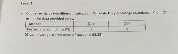 Level 2
a. Copper exists as two different isotopes. Calculate the percentage abundance (x) of _(29)^(63)Cu
using the data provided below:
(Given: average atomic mass of copper is 63.55)