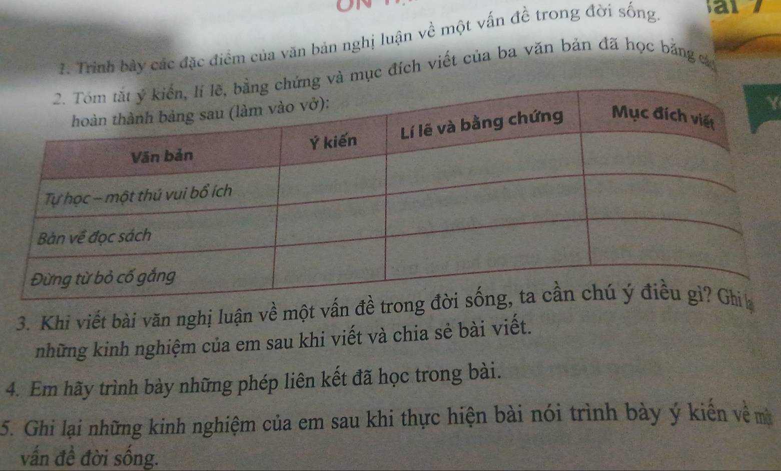 Trinh bảy các đặc điểm của văn bản nghị luận về một vấn đề trong đời sống. 
g và mục đích viết của ba văn bản đã học băng c 
Y 
3. Khi viết bài văn nghị luận về một vấn 
những kinh nghiệm của em sau khi viết và chia sẻ bài viết. 
4. Em hãy trình bày những phép liên kết đã học trong bài. 
5. Ghi lại những kinh nghiệm của em sau khi thực hiện bài nói trình bày ý kiến về mù 
vấn đề đời sống.